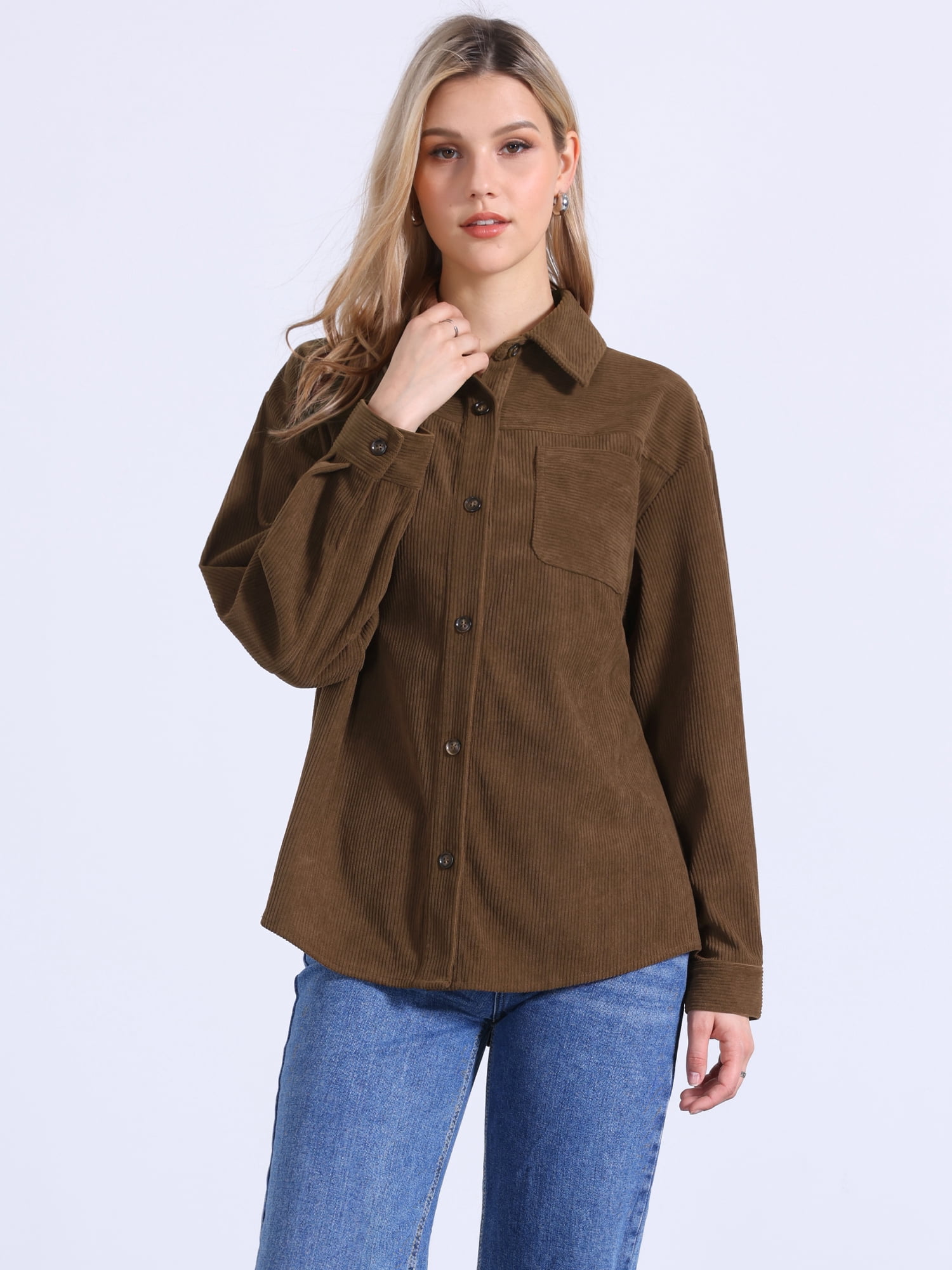 DARING DIVA Women's Oversized Button Down Corduroy Shirt Jacket M Brown