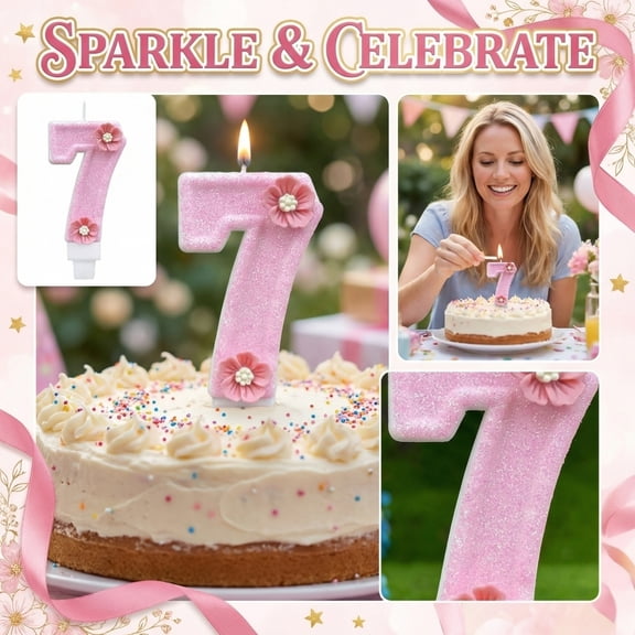 Birthday Number Candle, Glitter Pink Flower Decorated, 1 Piece,Suitable for Birthday Party Cake Decoration
