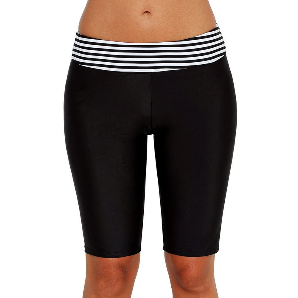 UKAP - Women Knee-Length Swim Shorts Black Striped Plus Size Pants ...
