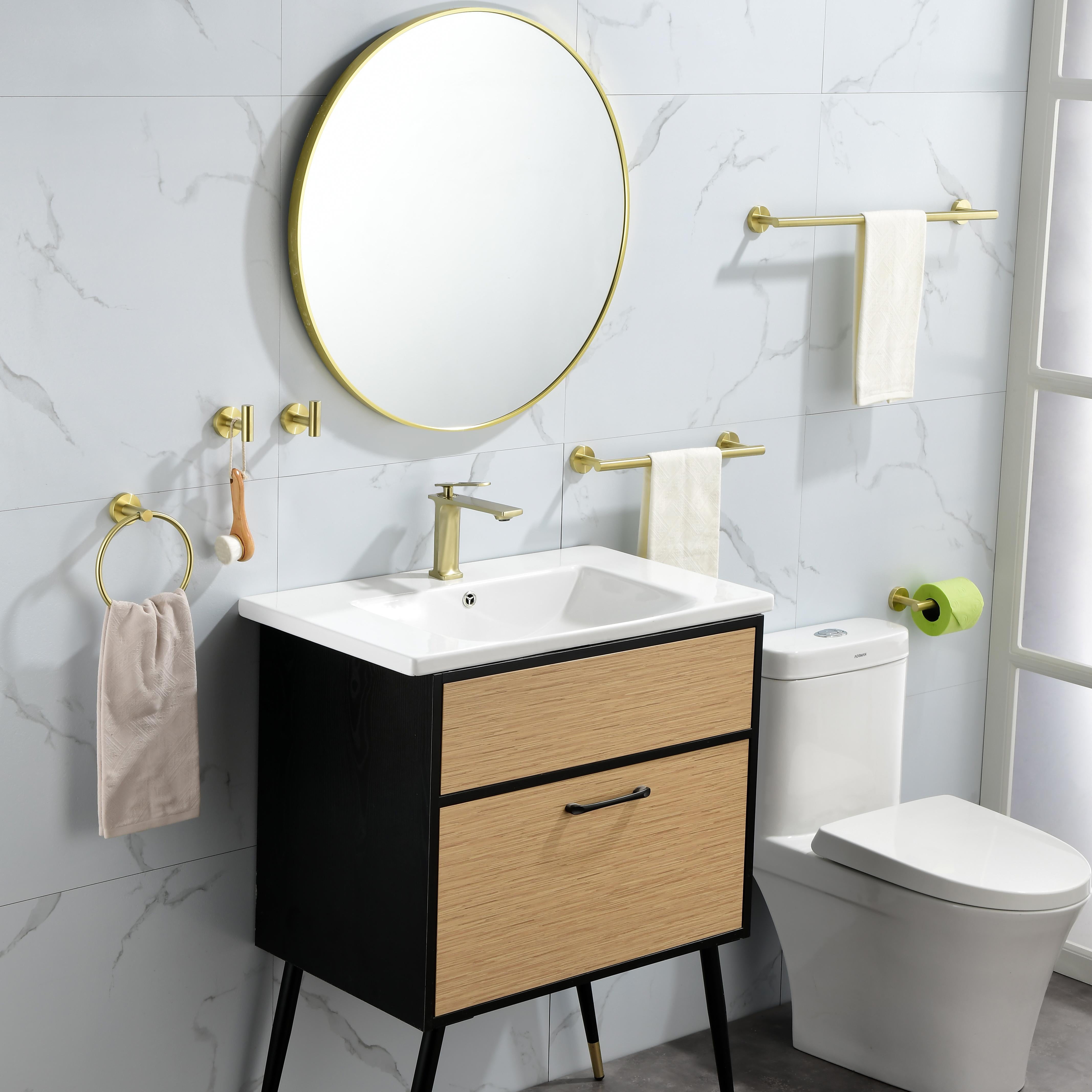 6 Pcs Bathroom Hardware Set,Stainless Steel Round Wall Mounted Includes Hand Towel Bar,Toilet Paper Holder,Robe Towel Hooks,Bathroom Accessories Kit,Gold