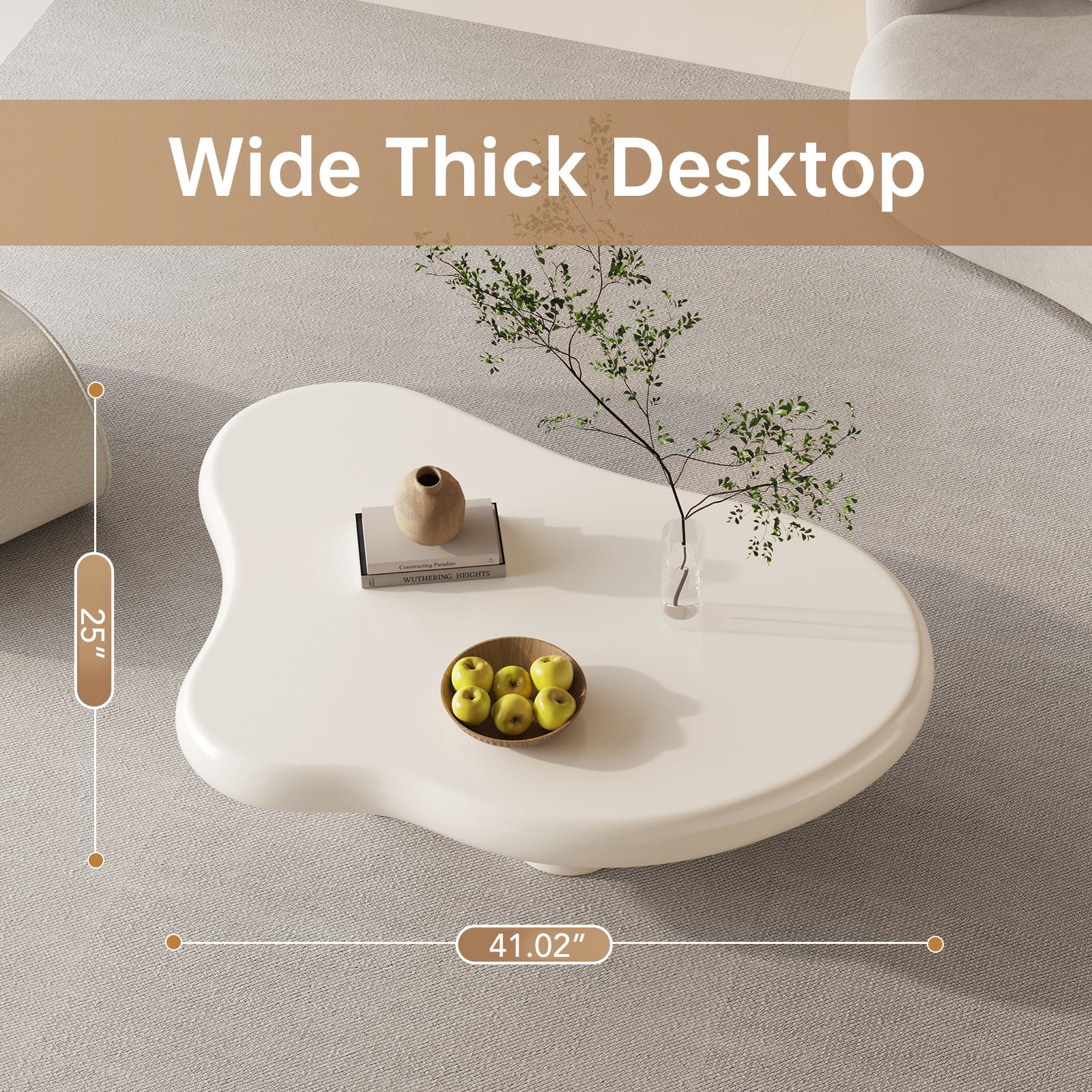 Guyii 41.02'' Cloud-Shaped Coffee Table with 4 Legs, Modern Wood Coffee Table for Living Room, Apartment, Cream White
