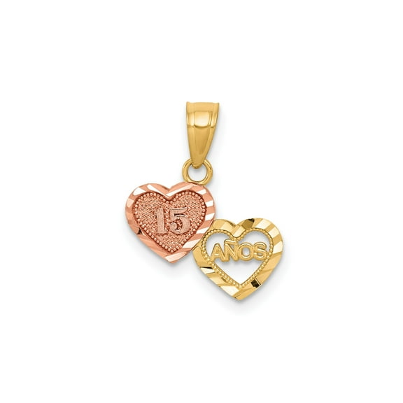 10k Two-Tone Gold Heart Pendant Necklace with 15 Anos Design, Rose and Yellow Gold Quinceanera Jewelry for Teen, Latin Heritage Celebration Charm for Women