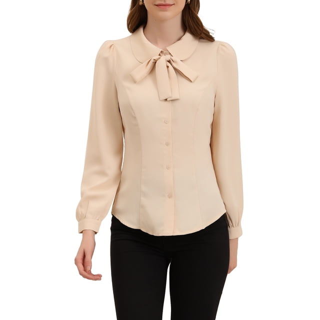INSPIRE CHIC Chemise Boutonnée pour Femme Col Peter Pan à Nouer Blouses de Tenue de Travail m Beige