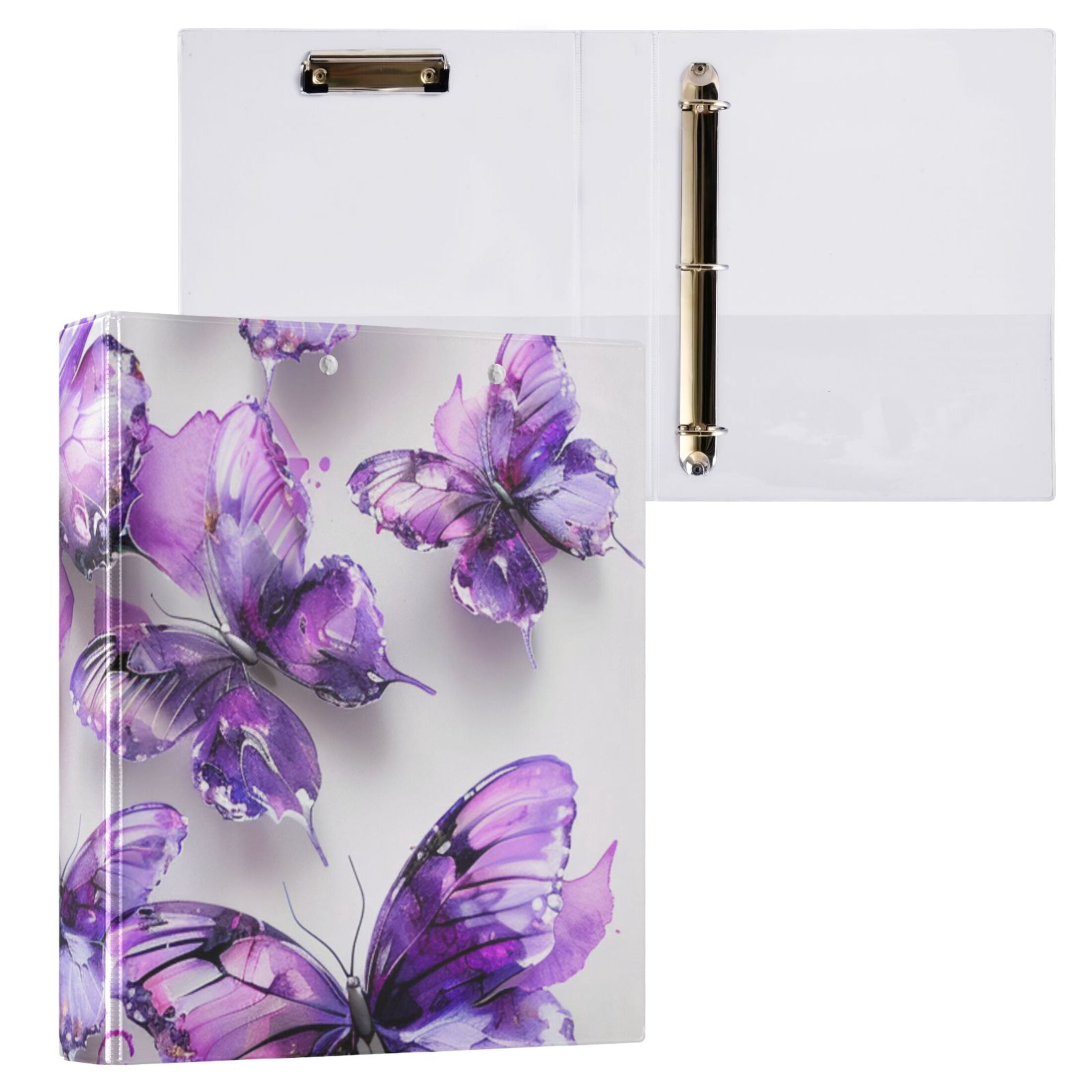 Purple Butterflies Watercolor 3 Ring Binders 1.5 inch Hardcover File Folders with Interior Pockets A4 Size Organizer for School Office Hospital