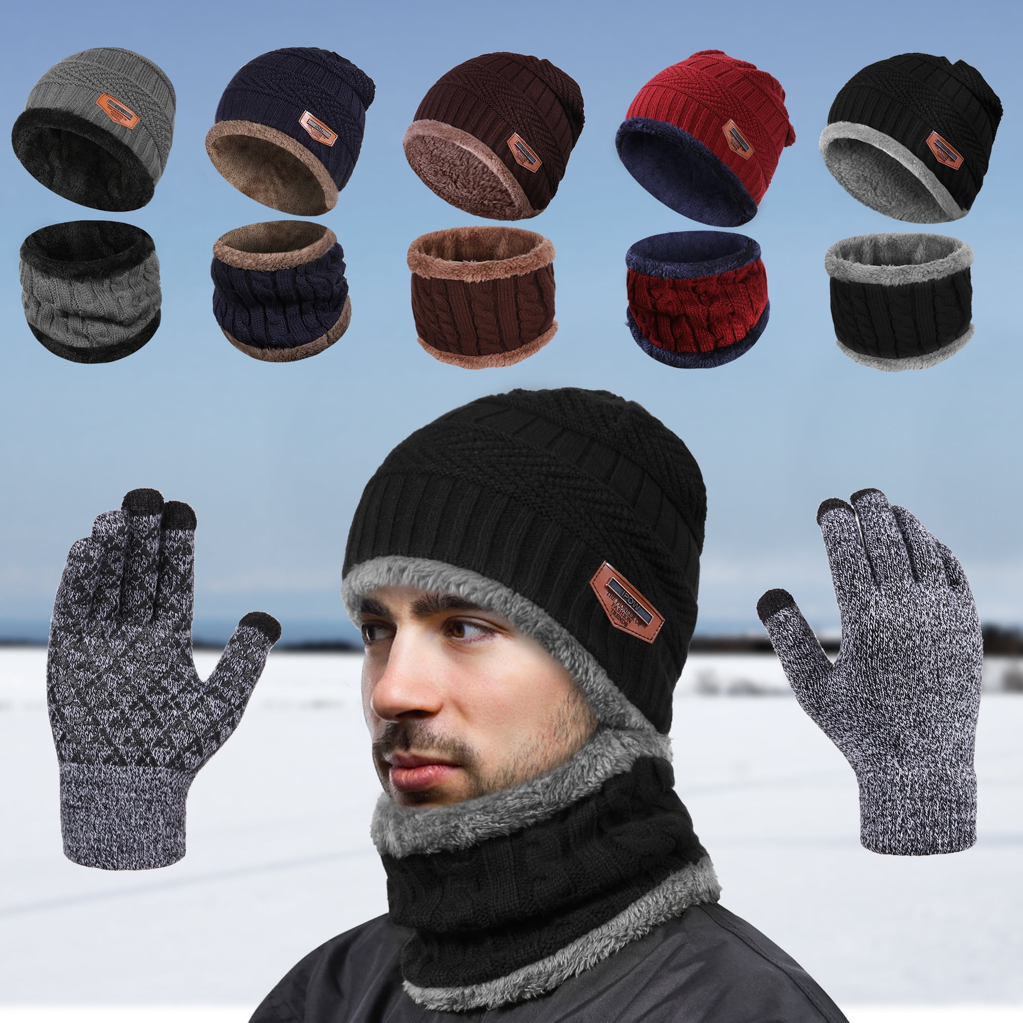 Men Women Kids Knit Beanie Hat and Scarf Set Winter Baggy Slouchy Ski Skull Cap