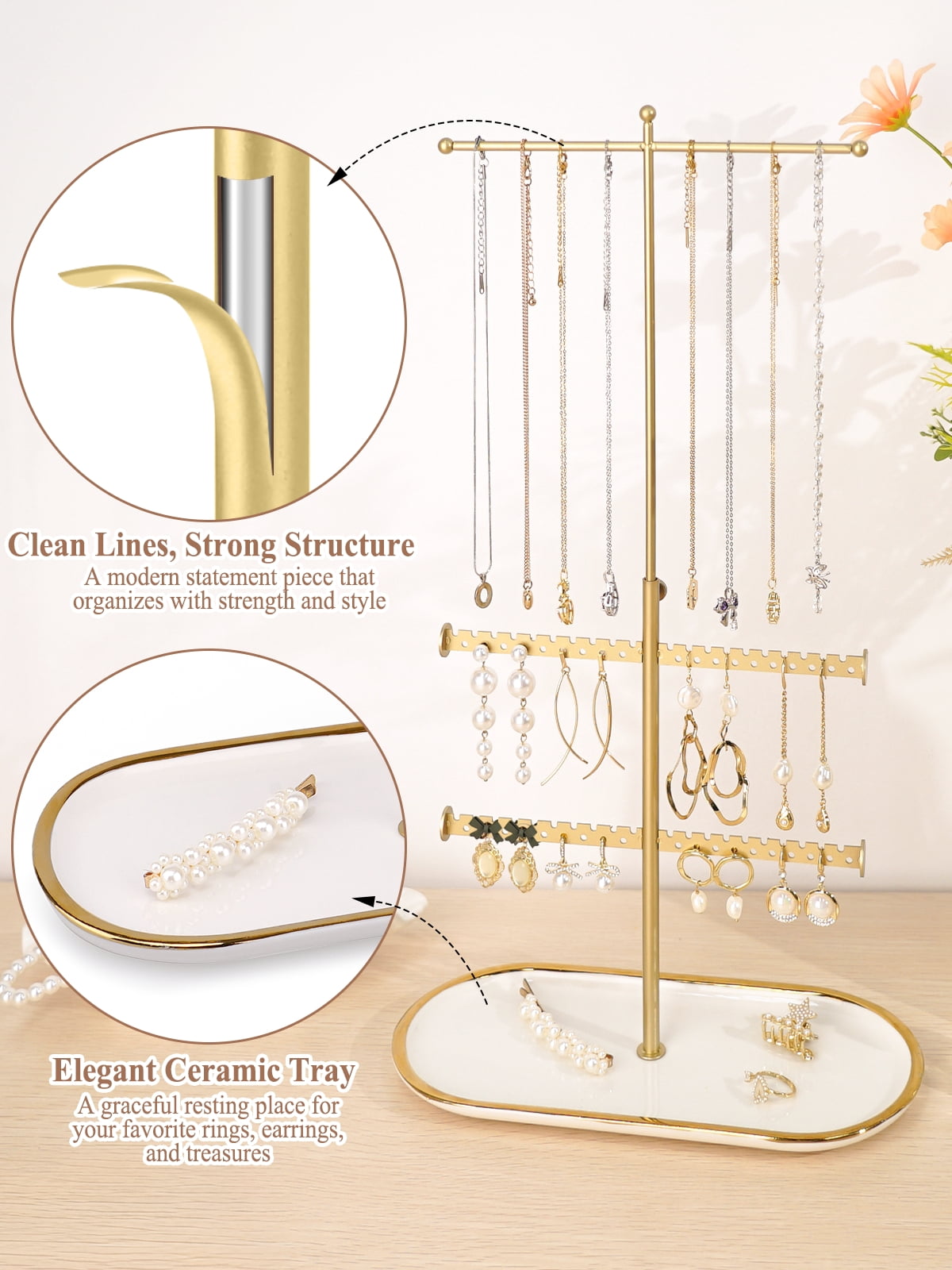 Cirhy Gold Jewelry Organizer Stand with Ceramic Tray – Jewelry Holder for Necklaces, Earrings, Rings & Bracelets, Decorative Jewelry Display for Vanity Dresser, Gift for Women & Girls