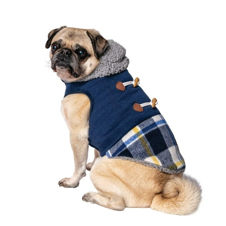 Vibrant Life Pet Jacket for Dogs and Cats: Navy Blue and Plaid Pieced Style with Sherpa Lining and Toggles, Size S