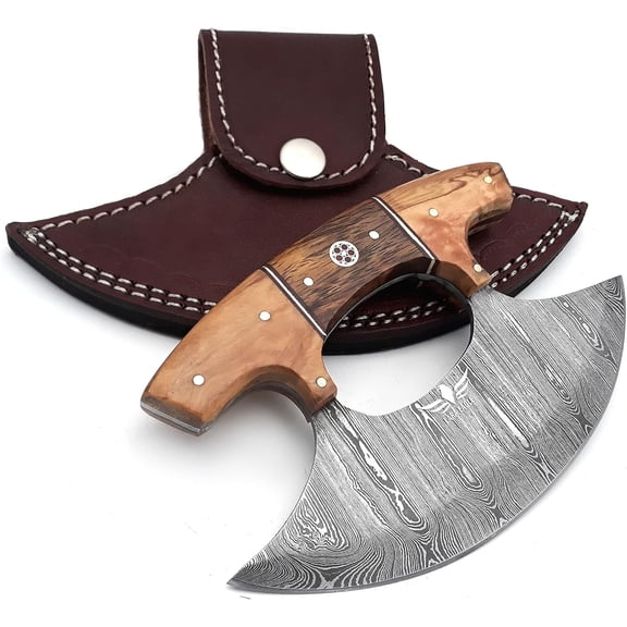 Lara Eagle Damascus Steel Ulu Knife, Celtic Knot Handle made of Exotic Rose Wood and Olive wood, 6 inch blade One-Handed Rocker Knife with Leather Sheath