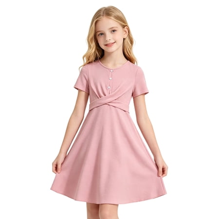 WDDDD Girls Pure Color Round Neck Short Sleeve Long Party Dress Pink 7-8 Years
