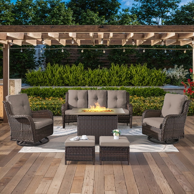 6 Piece Patio Furniture Set with 41" Fire Pit Table, Outdoor All Weather Wicker Rattan Furniture with Swivel Rocking Chairs, Ottomans and 3-Seat Sofa for Backyard Balcony Deck, Gray/Brown