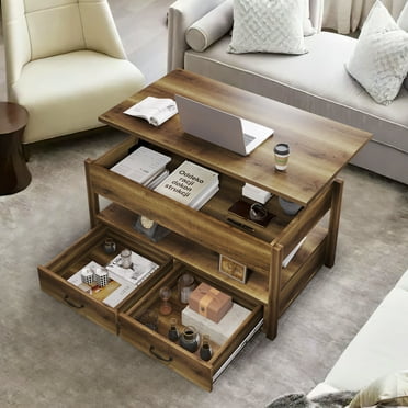 Dextrus Wood Lift Top Coffee Tables with 2 Storage Drawers for Living Room Office, Rustic Brown