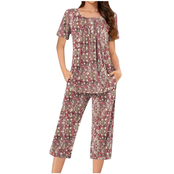 Sexy Pijama Conjunto para las Mujeres Cuello Redondo Blusa de Manga Corta Y Pantalones, Traje de Moda Casual para el Hogar Y Diario