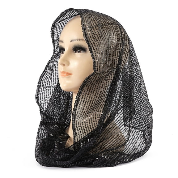 Women's Solid Color Sequin Head Scarf, Lightweight Sparkly Shawl Wrap, Sheer Glitter Scarf, Evening Party Headwear, Stage Performance Scarf, Delicate Dressy Accessory - Black