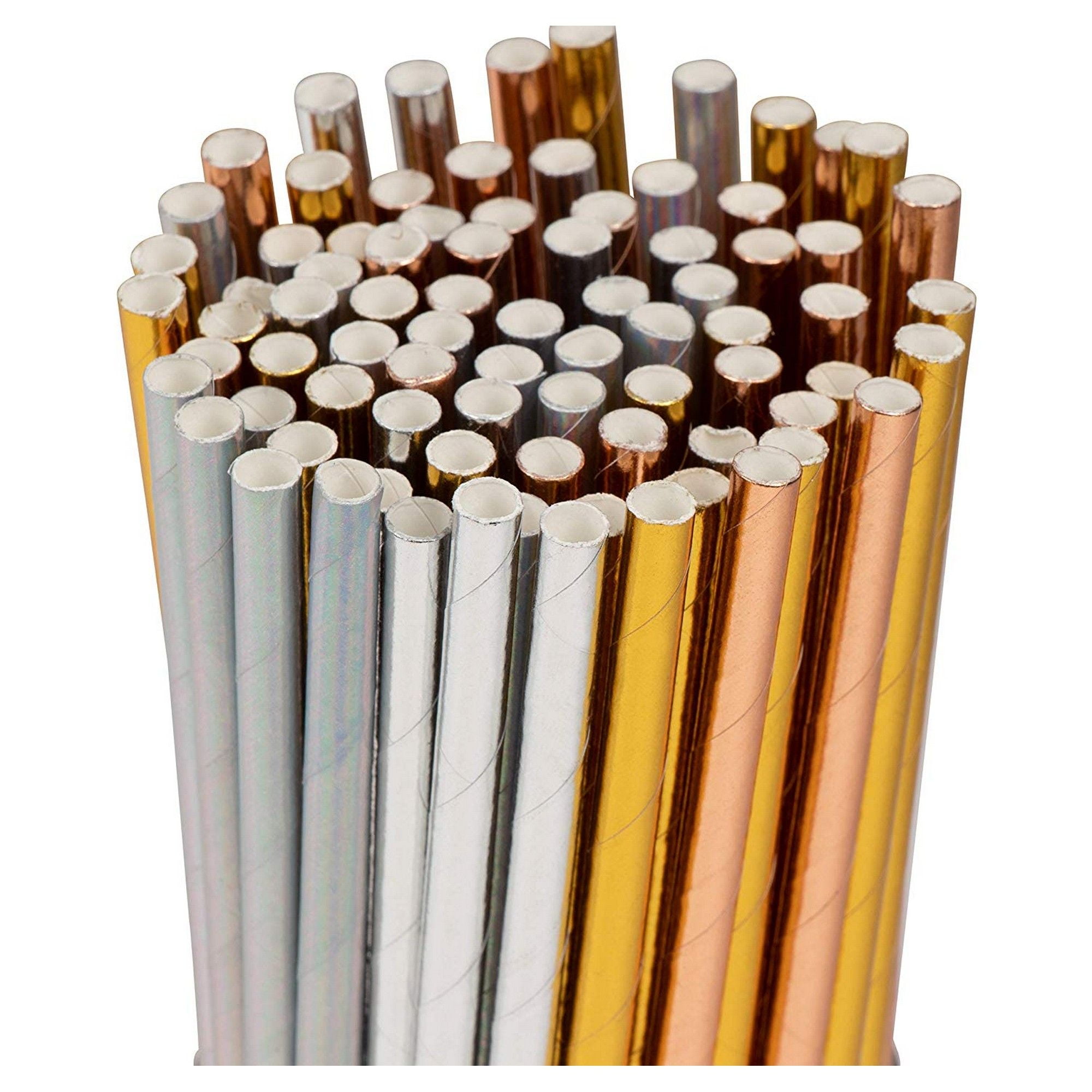 Pack Of 100 Metallic Foil Birthday And Biodegradable Silver Straws Paper Bulk