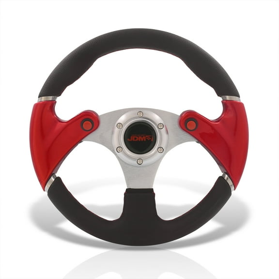 AJP Distributors Universal 13" 320mm 6-Bolt Holes Steering Wheel Black PVC Leather Red Stitch Handles Chrome Light Weight Aluminum 3 Spokes   Horn Dual Buttons Replacement JDM VIP
