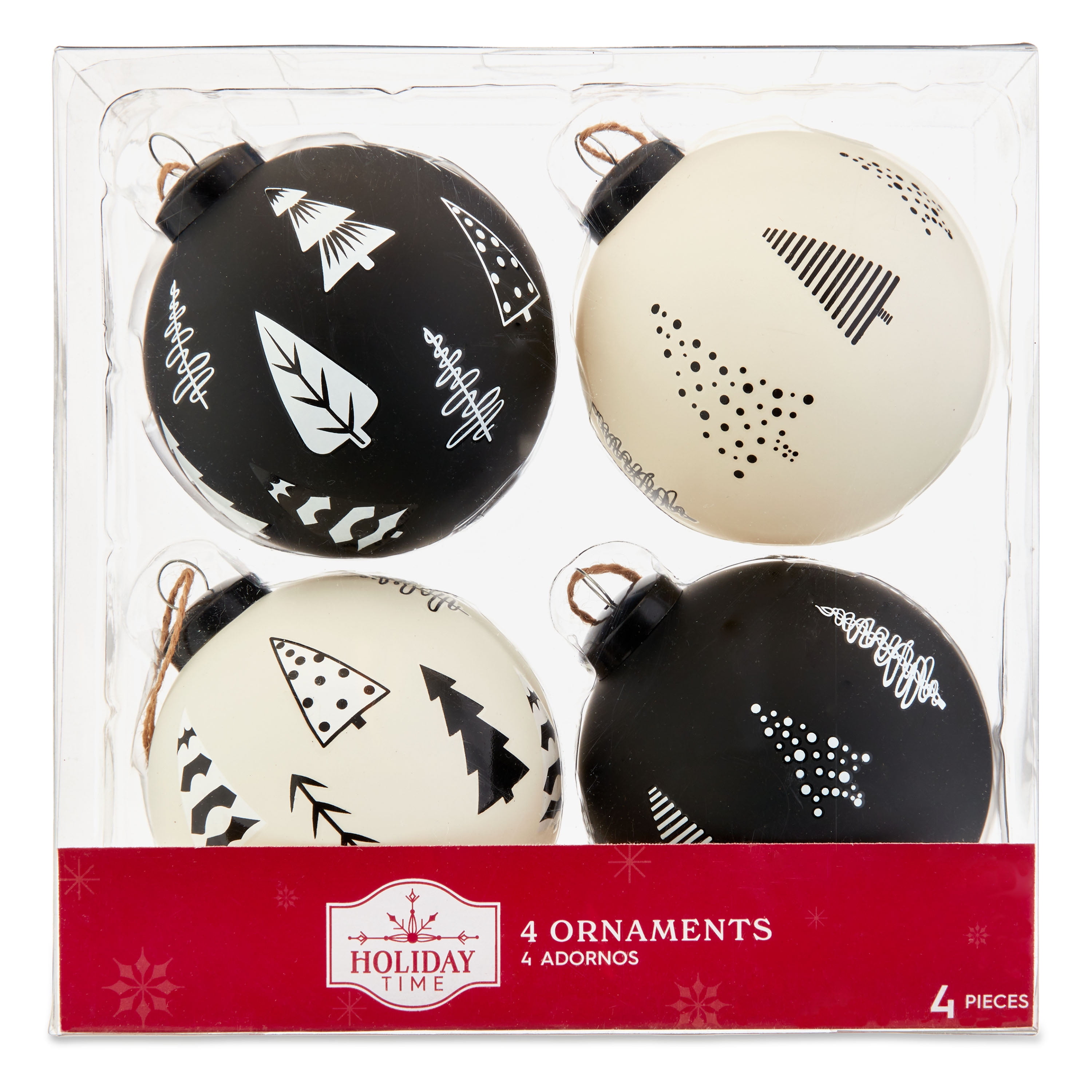 Holiday Time Black and White Christmas Tree Ornaments, 3.54", 4 Pack