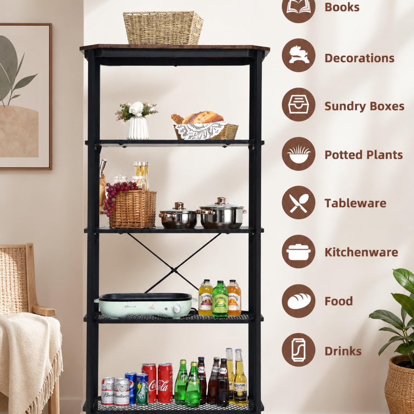 Furnibear Industrial 5-Layer Bookshelf with Out-Stretched Legs for Living Room Home Office Bedroom Display Storage Shelf, Rustic Brown
