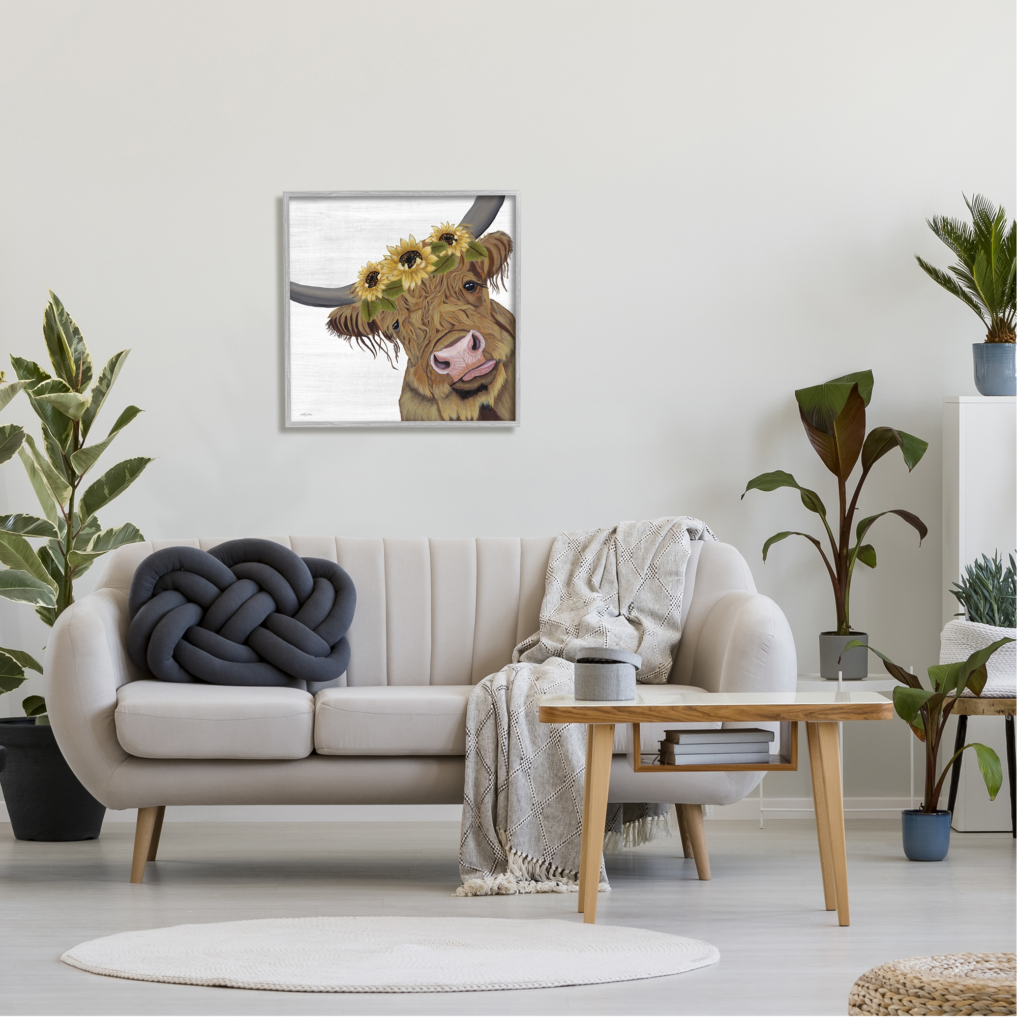 Stupell Cute Highland Cattle Sunflower Crown Animals & Insects Painting Gray Framed Art Print Wall Art