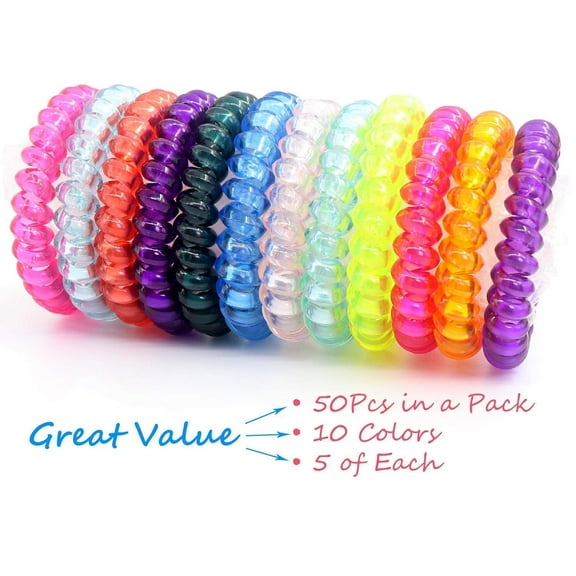 50pcs Spiral Coil Hair Ties No Crease Phone Cord Hair Ties Ponytail Holder Clear Hair Coil Scrunchies Colorful Hair Tie Spiral Coils in Bulk For Girls (10 Colors )
