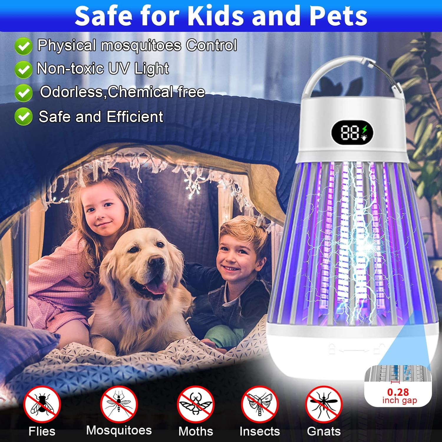 Bug Zapper Indoor Outdoor, 2000V Rechargeable Mosquito Fly Zapper Kilers with LED Light, Electric Portable USB Powered Insect Trapps for House, Camping, Picinic, Garden, Patio, Yard, Lawn, White
