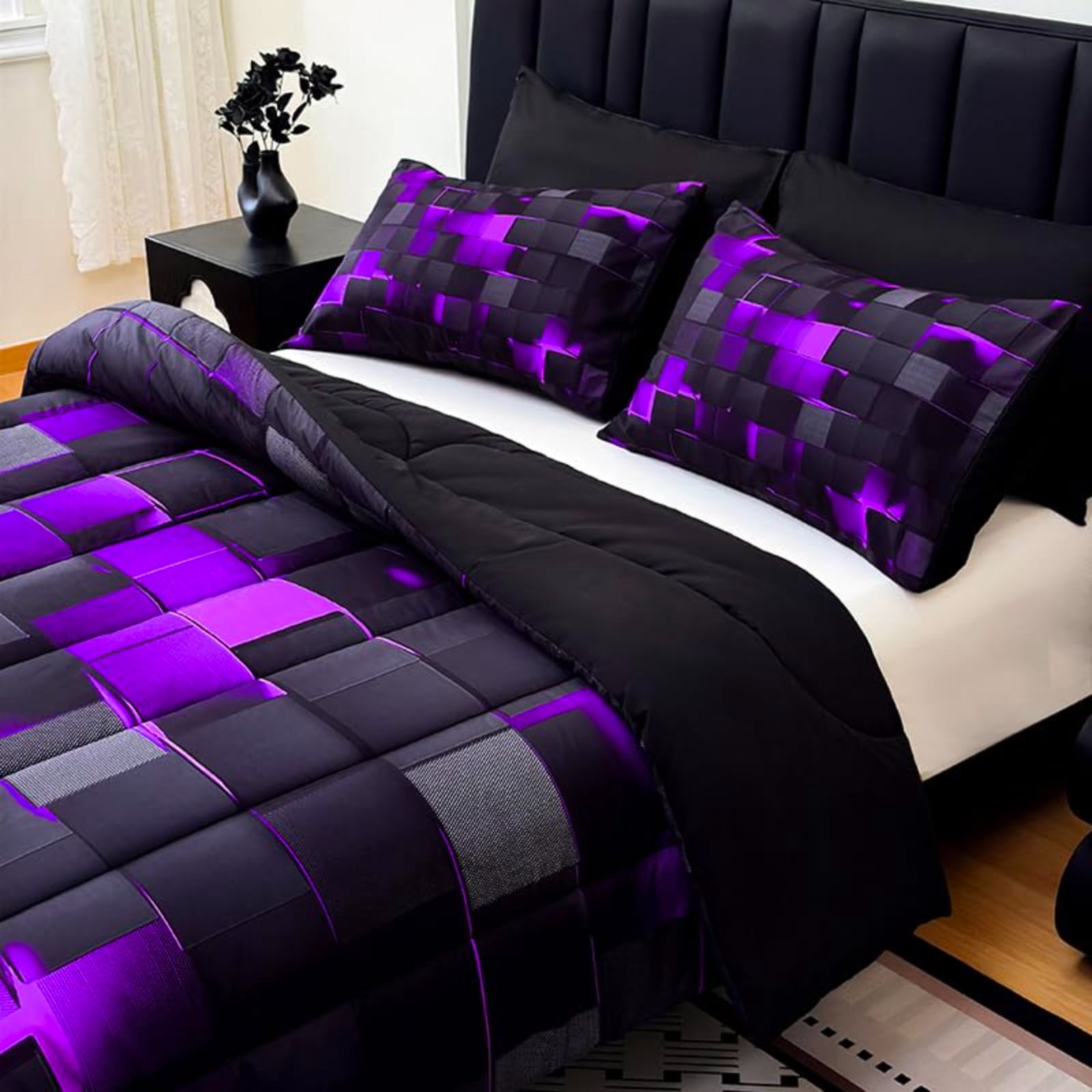 Flymme Black and Purple Comforter Set King Size,3 Piece Modern Neon Geometric Checkered Bedding Abstract Square Plaid Bed Set for Teen Men Gamer Room Decor