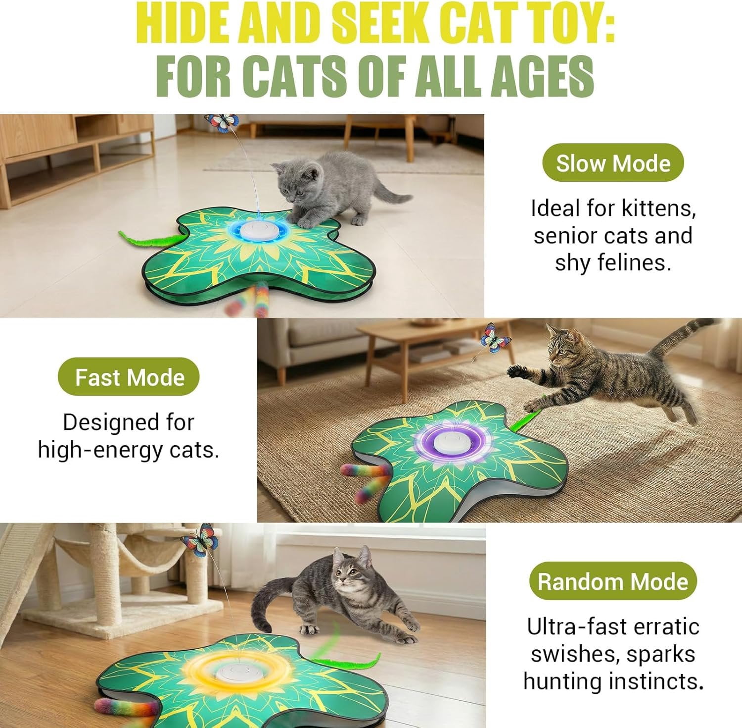 Interactive   for Indoor Cats,  Activated Automatic    with Sound /Off,  Wands, Non-Slip Suction Cups, Rechargeable  and Seek  Play Mat for Bored Adult Kittens