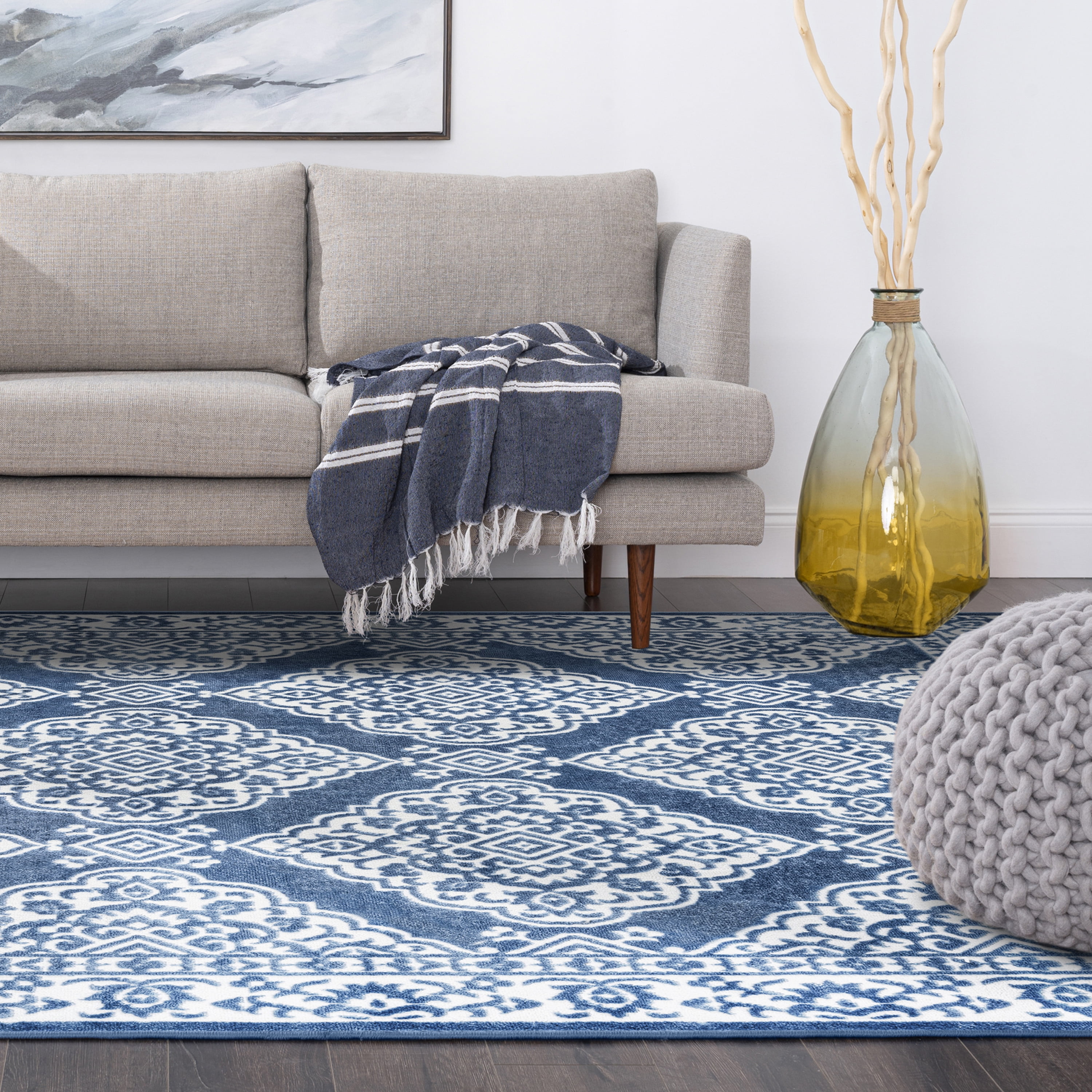 Transitional 2x8 Area Rug (2'3'' x 7'3'') Floral Blue, White Indoor Runner Easy to Clean