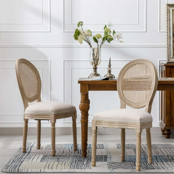 Dining Chairs French Style Solid Wood Frame Linen Fabric Rattan Back Dining Chair,Set of 2,Cream,Wooden Dining Chairs