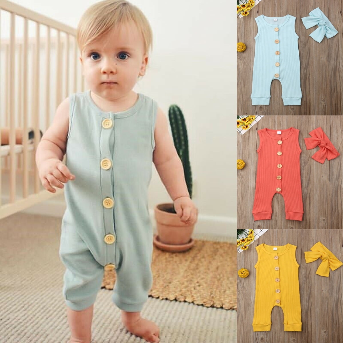 Toddler Infant Kids Baby Boys Girls Solid Romper Bodysuit Clothes Outfits 