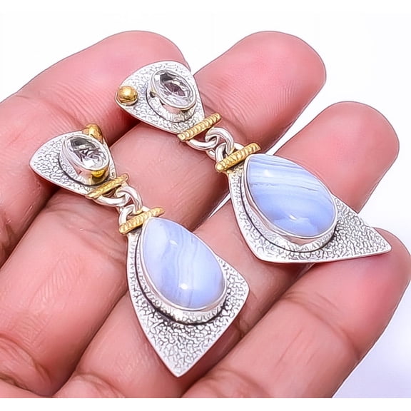 Blue Lace Agate - Namibia 925 Sterling Silver Earring 1.75" E_9207_61_29, Gemstone Silver Jewelry, New Year Sale, Valentin's Day Gift