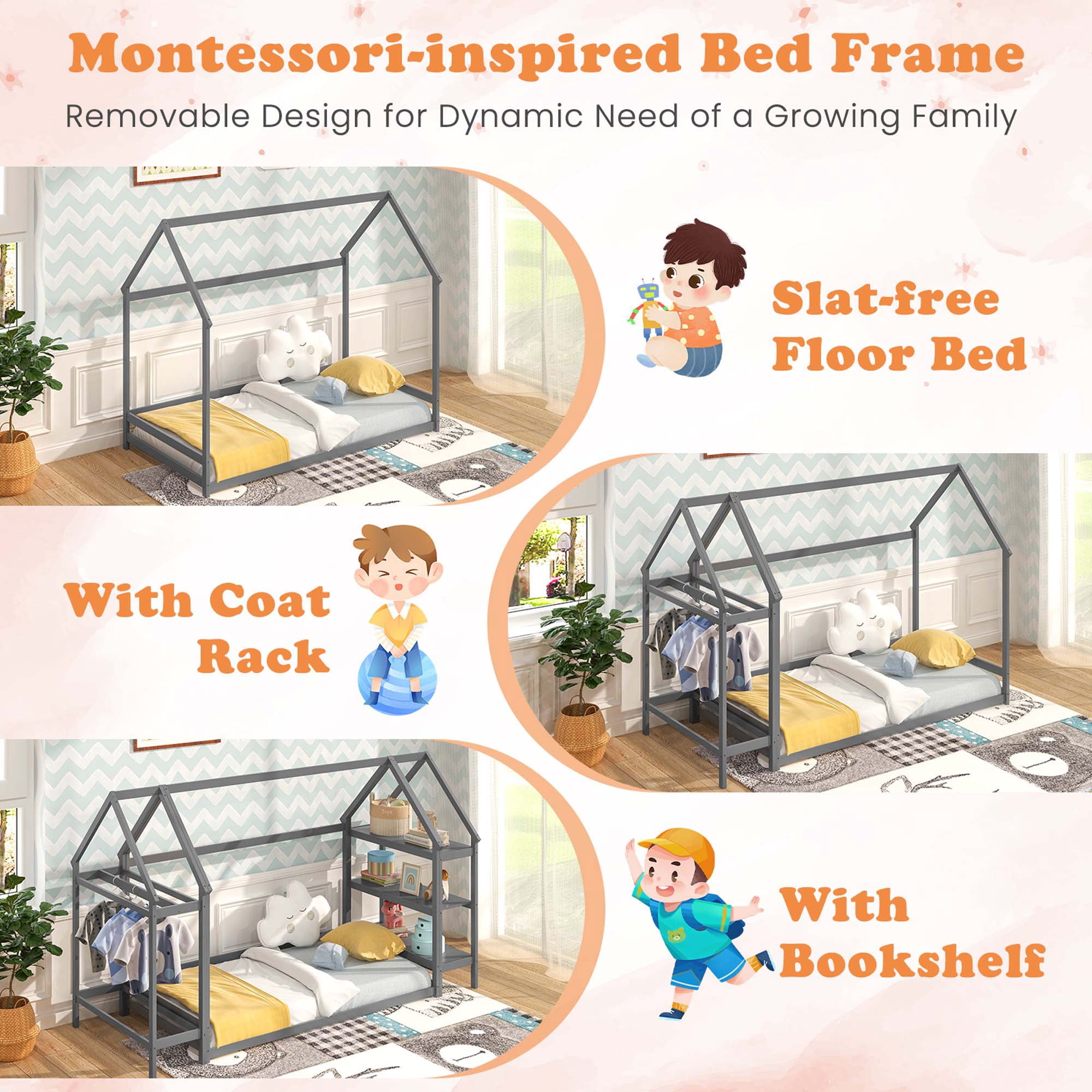 Costway Twin Size House Bed Montessori Floor Bed with Detachable Storage Shelves Gray