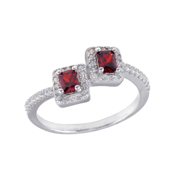 Rhodium Plated 925 Sterling Silver Double Square Red Ring Band Cubic Zirconia Jewelry Female Size 9