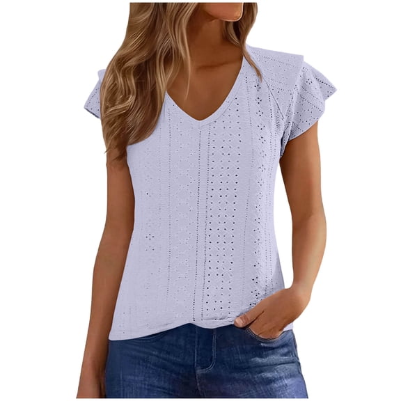 cocolona Womens Summer Ruffle Short Sleeve Tops Fashion Solid Color V Neck Hollow Out T-shirts Casual Loose Tunic Blouses
