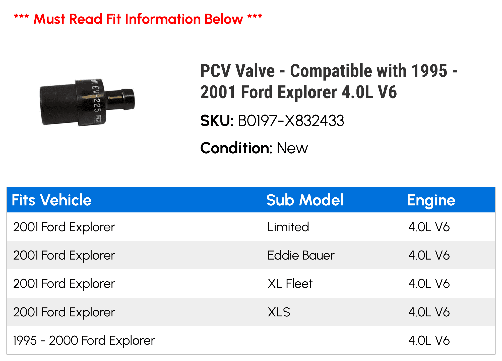 PCV Valve - Compatible with 1995 - 2001 Ford Explorer 4.0L V6 1996 1997 1998 1999 2000