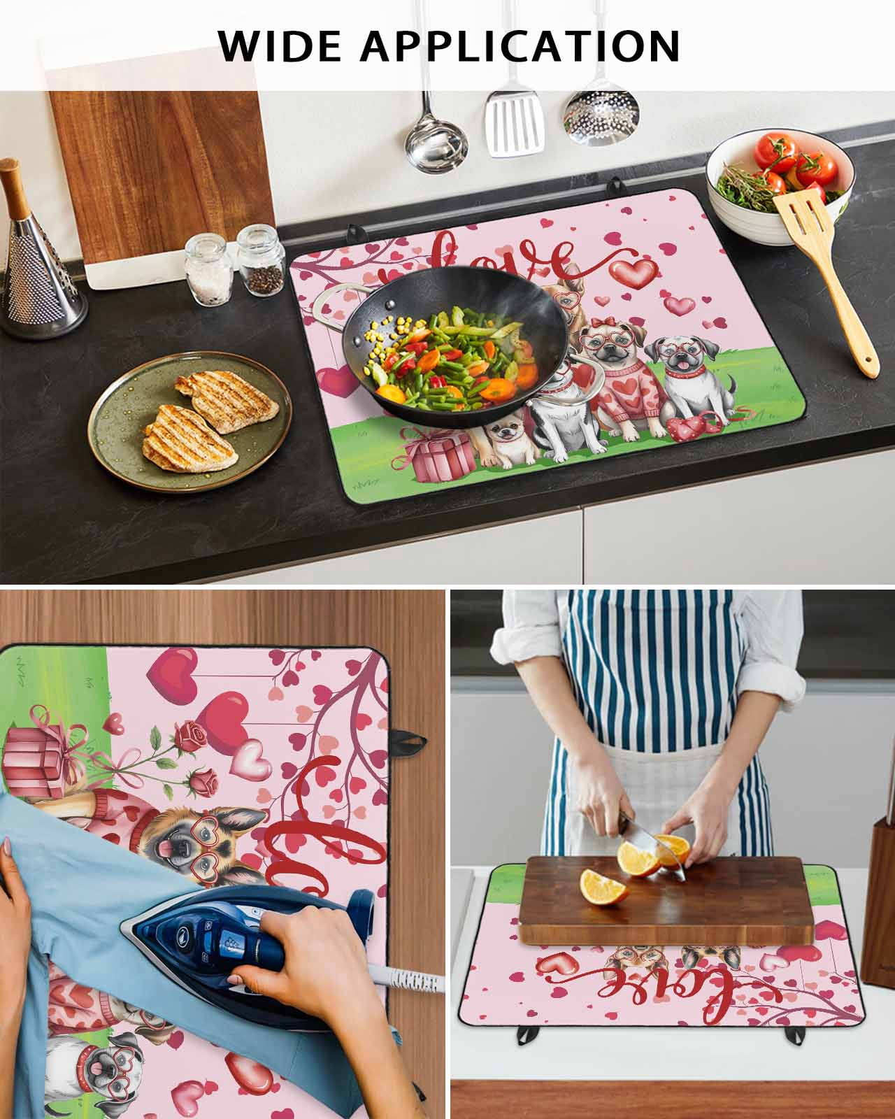 Large Induction Cooktop Protector Mat Valentine's Day Stove Top Covers for Electric Stove, Watercolor Funny Dogs Love Roses Spring Pink Decorative Stove Burner Cover Mats, Glass Top Stove Cover