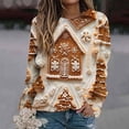 thumbnail image 2 of asdoklhq Christmas Long Sleeve Shirts for Women's Christmas Printed Loose Casual Long Sleeve Round Neck Hoodless Straight Shoulder Sweater Coffee 4X, 2 of 5