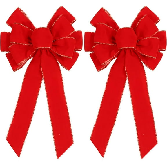 2 Pack Red Christmas Bows Outdoor Decorations,12”x20” Large Christmas Tree Topper Bow, Velvet Wreath Bow with Glitter Gold Edge for Xmas Home Front Door Decor