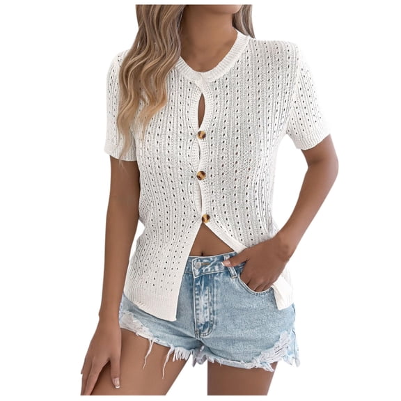Womens Short Sleeve Button Down Sweater Cardigan Shirts Ribbed Slim Fit Cardigan Blouses Dressy Casual Spring Summer Wear