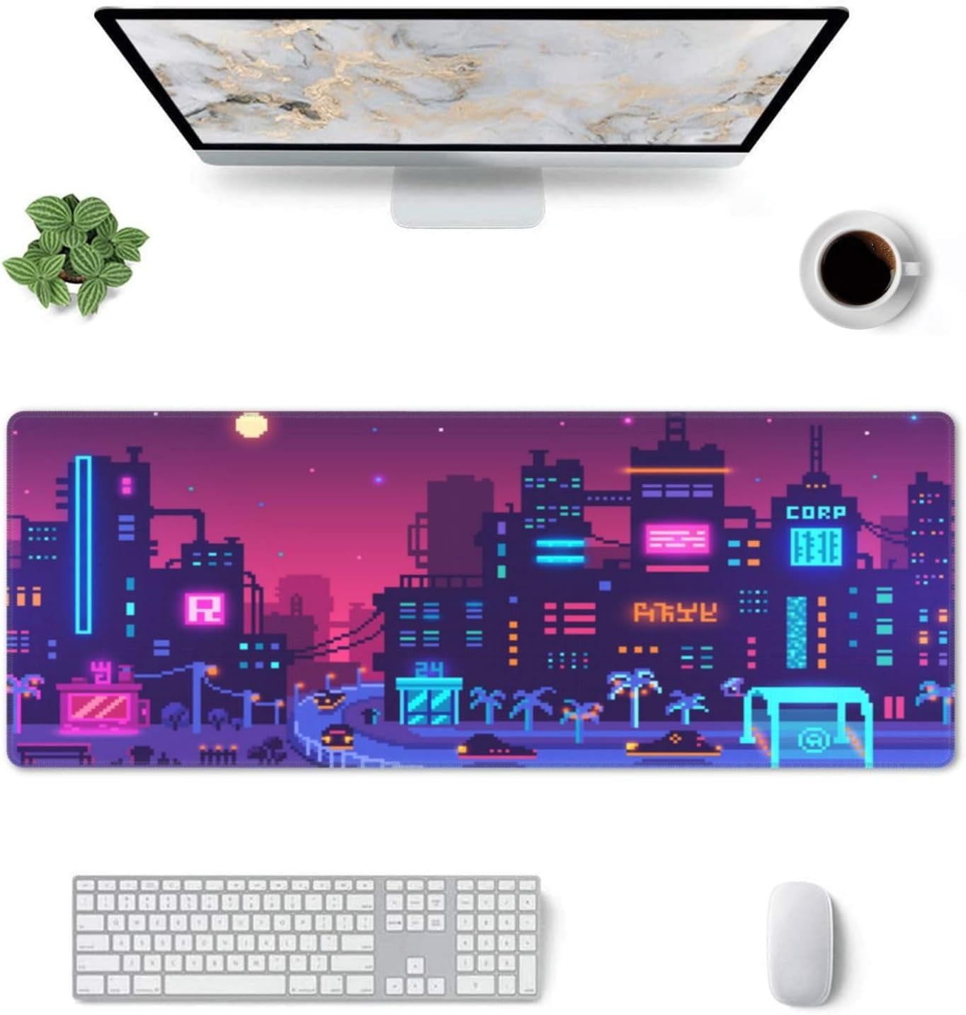 Purple Japanese City Gaming Mouse Pad XL 31.5×11.8 in Retro Pixel Neon Vaporwave Anime Street Extended Mousepad 30X80cm with Non-Slip Rubber Base Stitched Edge Large Desk Mat for Gamer Office Desk