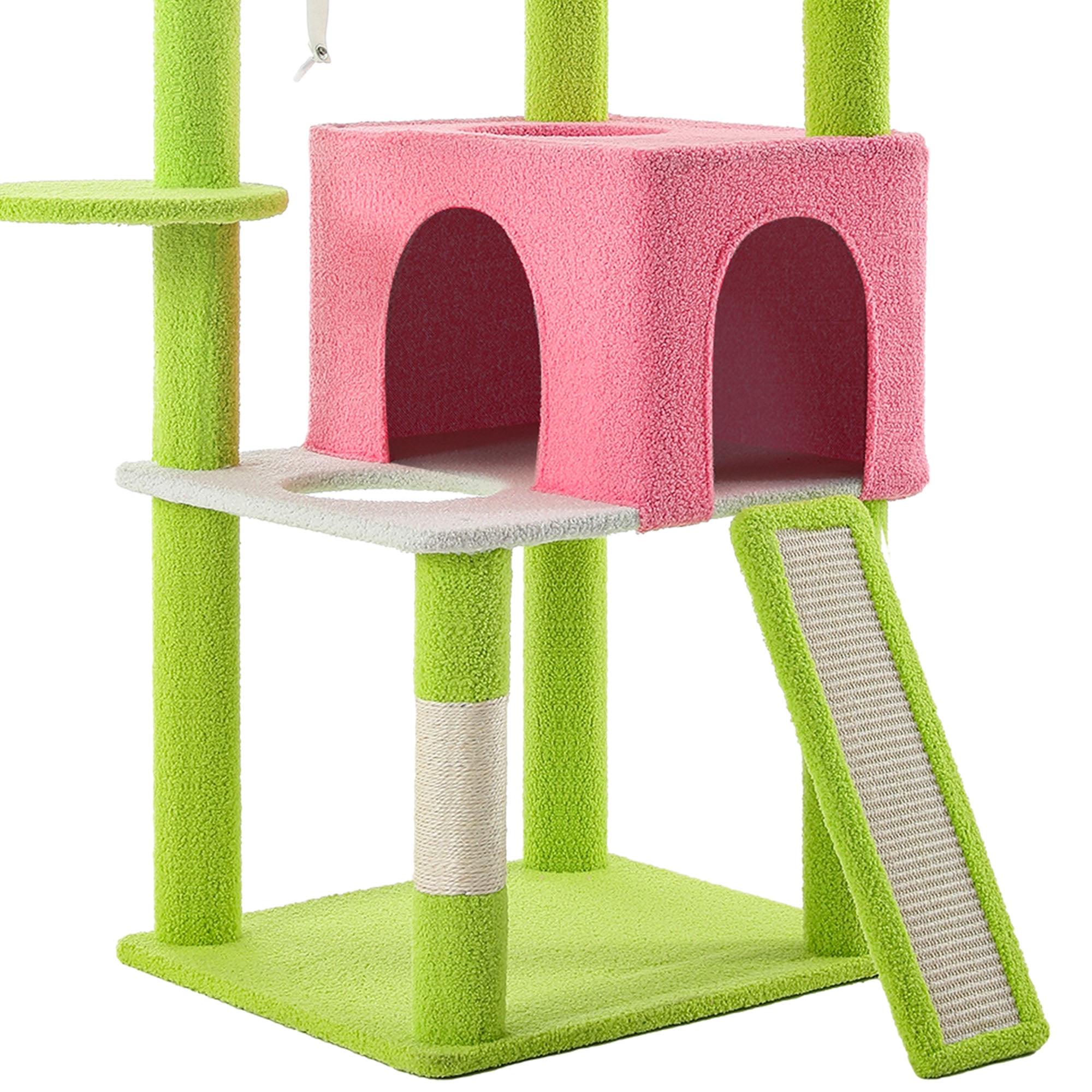 Uforic 68"  Tall Cactus Cat Tree, Multi-Level Large Indoor Cat Tower with Sisal Post, Hanging Balls, Green & Pink