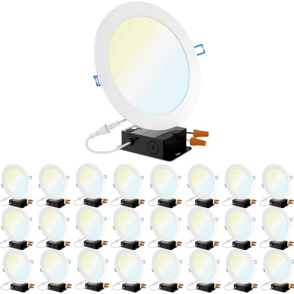 Sunco 24 Pack 8 Inch Ultra Thin LED Recessed Canless Smooth Trim Wafer Thin Indoor Ceiling Lights Slim Selectable 2700K/3000K/4000K/5000K/6000K Dimmable 14W 1350 Lumens with Junction Box