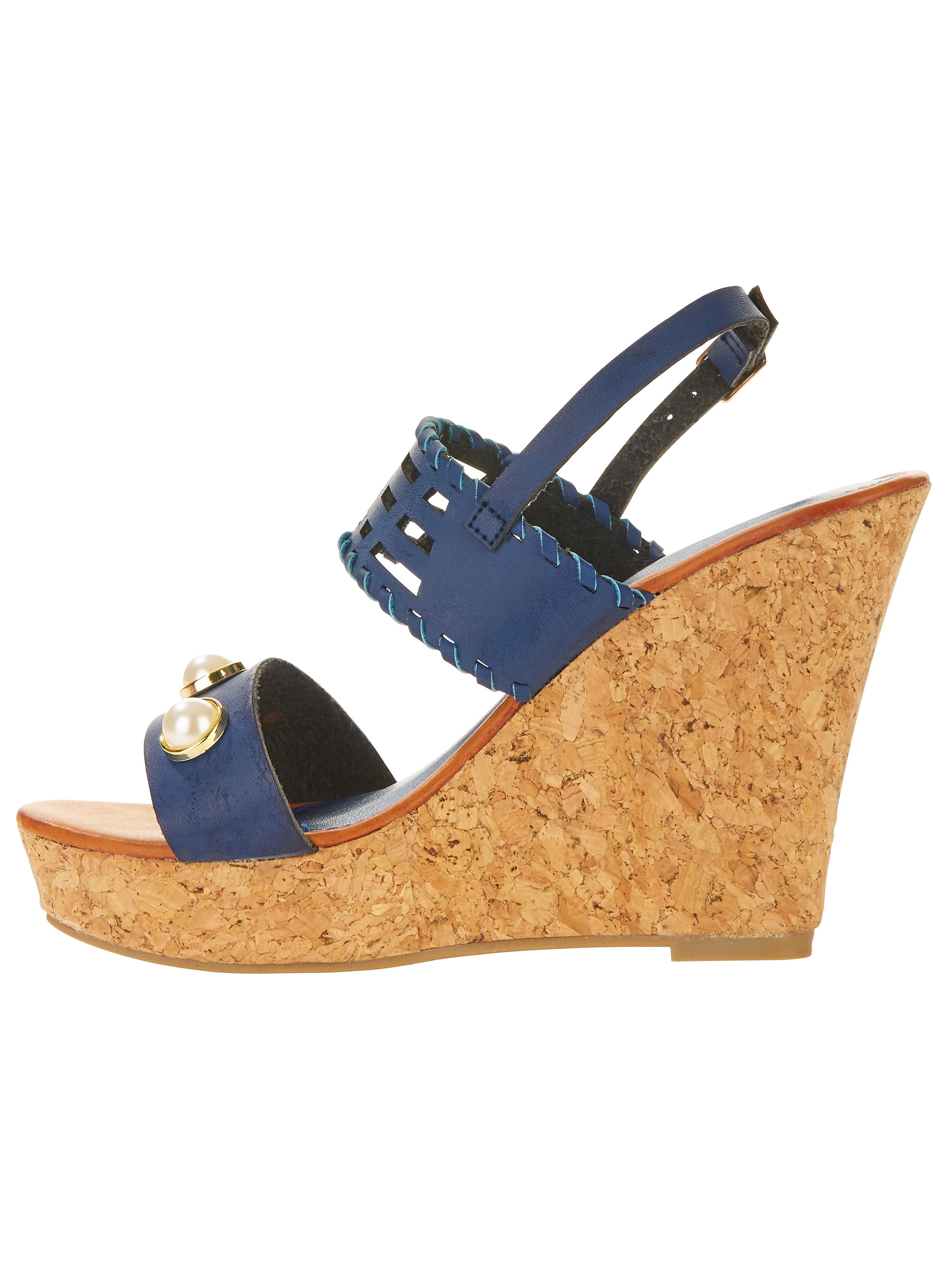 Forever Young Women's Faux Leather Wedges With Pearls Embellishments and Embossed Strap