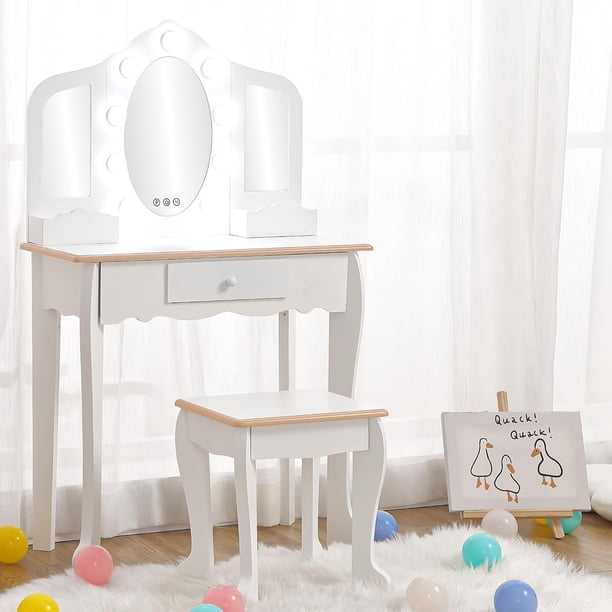 Para niños vanity con lighted mirror little girls' vanity mesa y stool con tri-fold mirror cajón y almacenamiento grid (para 3-9 years old girls blanca)