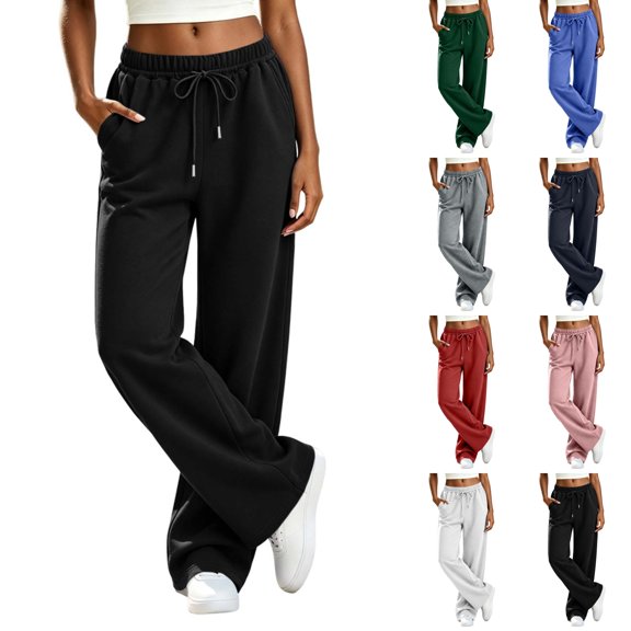 Husipze Classic Sweatpants for Women Fleece Wide Leg Drawstring Elastic Waist Relaxed Fit Sweat Pants Solid Soft Casual Sports Trousers Black S