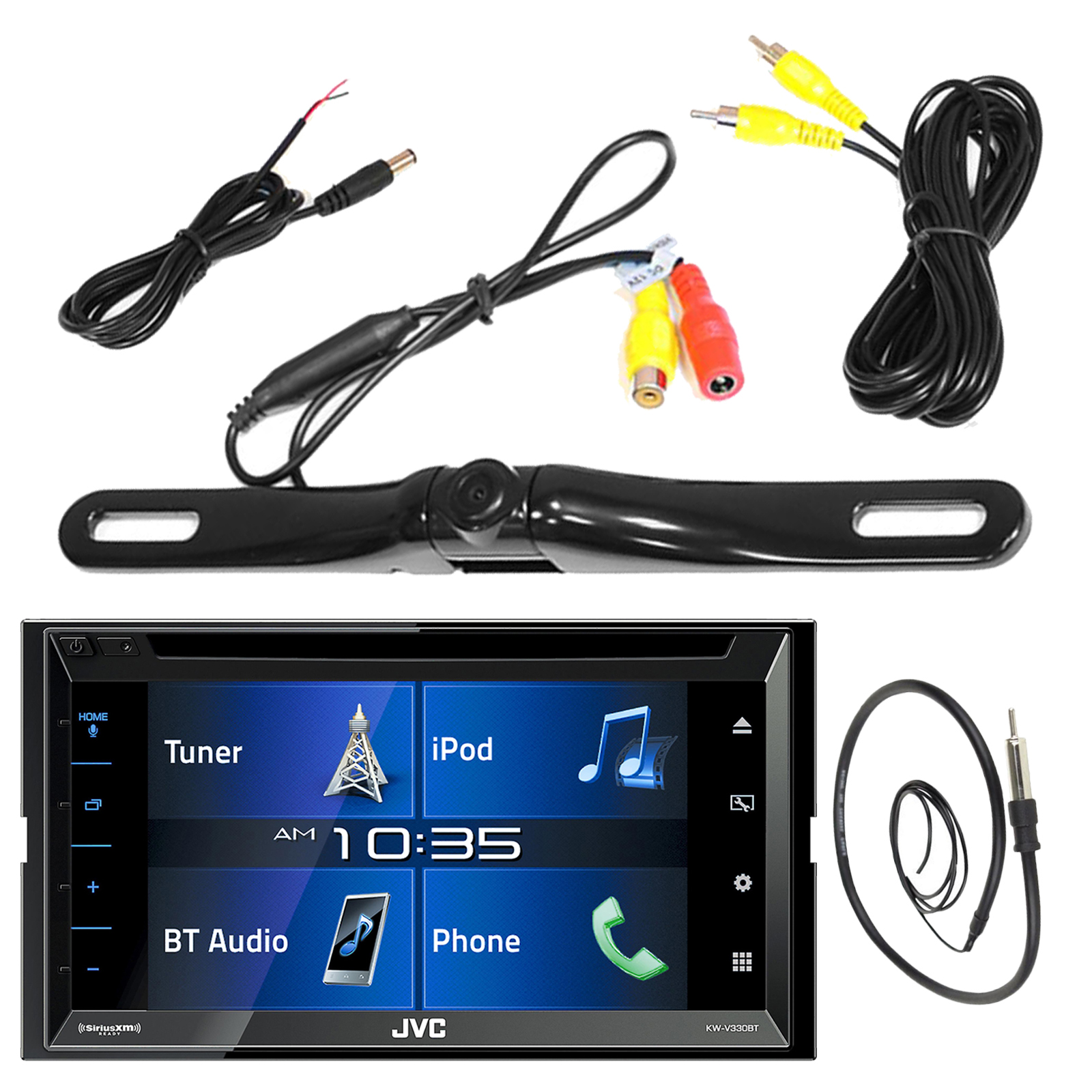 JVC KW-V330BT 6.8 Touch Screen Display Car CD DVD USB Bluetooth Stereo  Receiver Bundle Combo With License Plate Mount Rear View Colored Backup  Parking