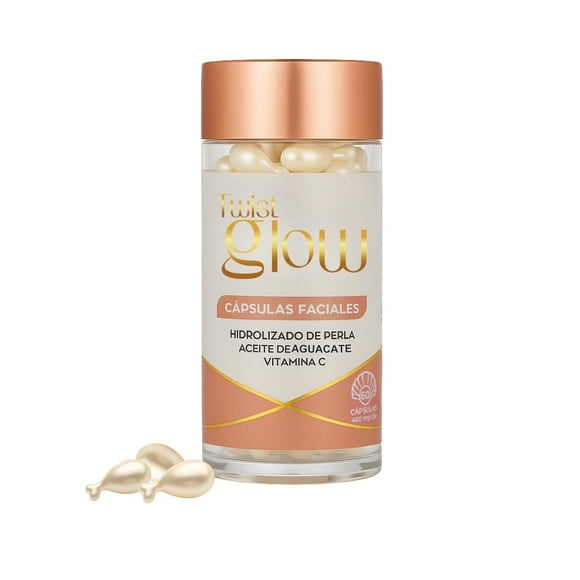 TWIST GLOW Cápsulas Faciales con Hidrolizado de Perla, Aceite de Aguacate y Vitamina C, 60 Cápsulas Twist-Off, Sérum Nutritivo Antioxidante, Hidratación y Luminosidad