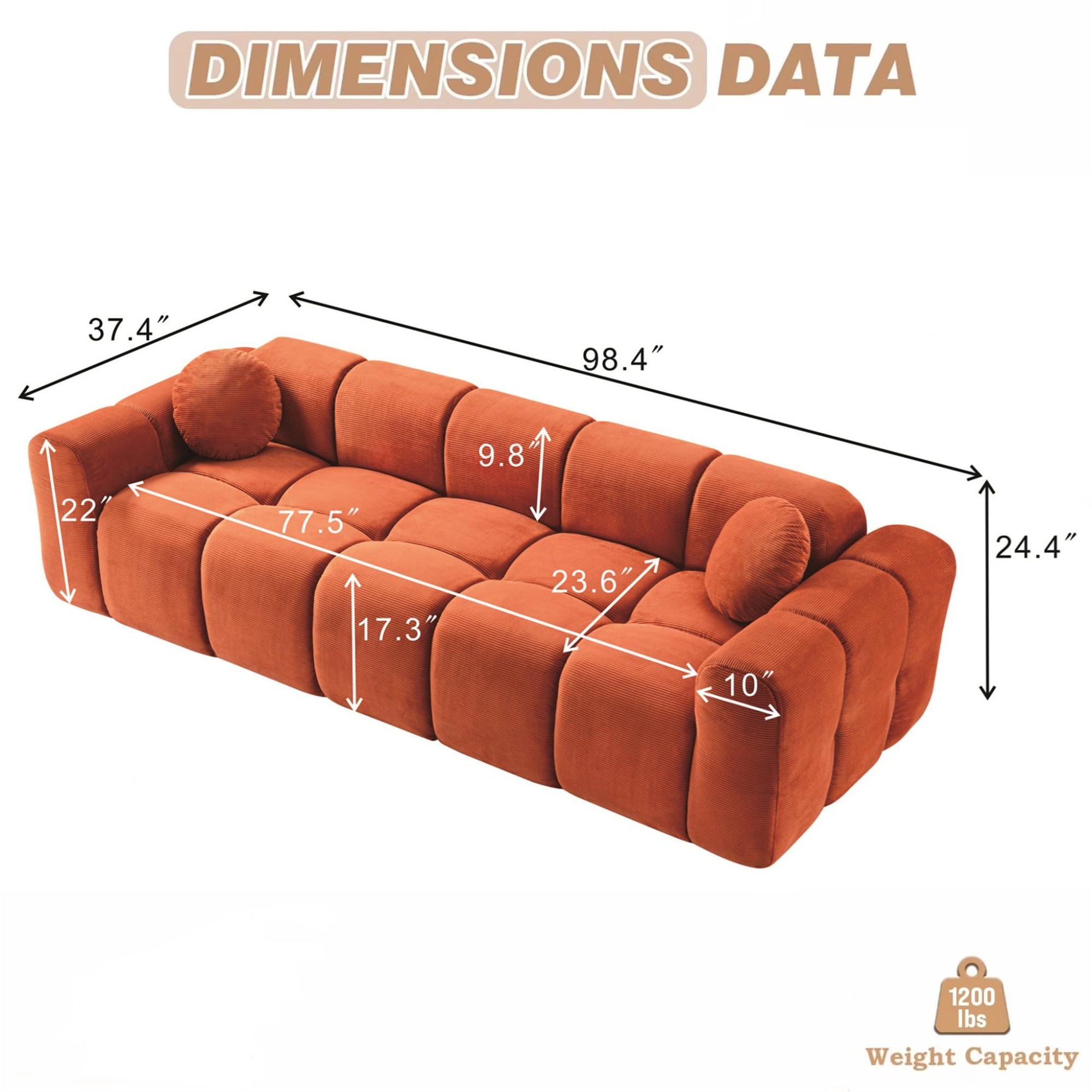Aukfa 99" Oversized Cloud Sofa Boneless Couch 4-Seater Tufted Upholstered Sofa for Living Room, 2 Pillows, Corduroy, Orange