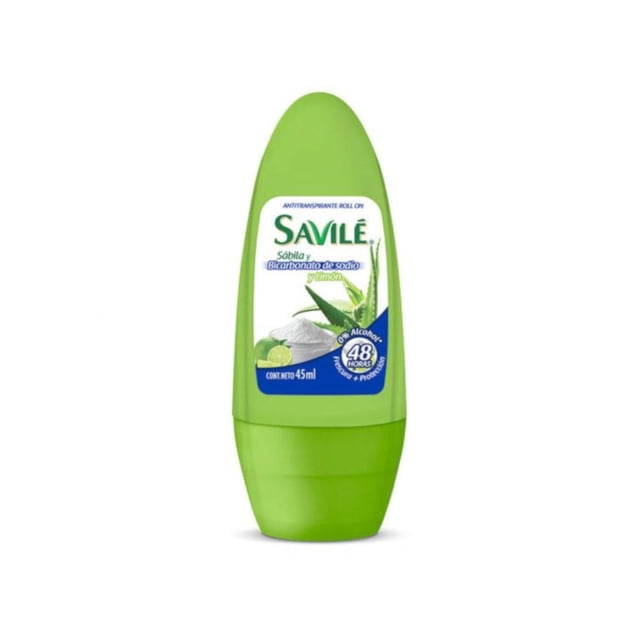 pack de 12 desodorante savilé roll-on bicarbonato 45 ml antitranspirante Savilé en envase verde 45 ml, vista frontal centrada con etiqueta que muestra sábila y bicarbonato y texto de fórmula 0% alcohol, cuerpo cónico con tapa redondeada, adecuado para uso diario en axilas.