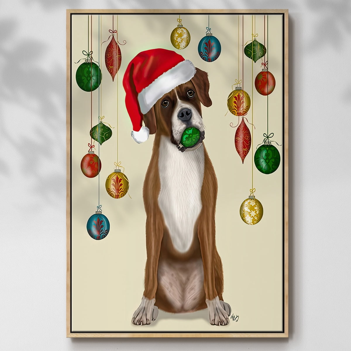 Christmas Boxer and Bauble Ball - Framed Gallery Wrapped Holiday Canvas - 17 x 25 - Natural Wood Frame