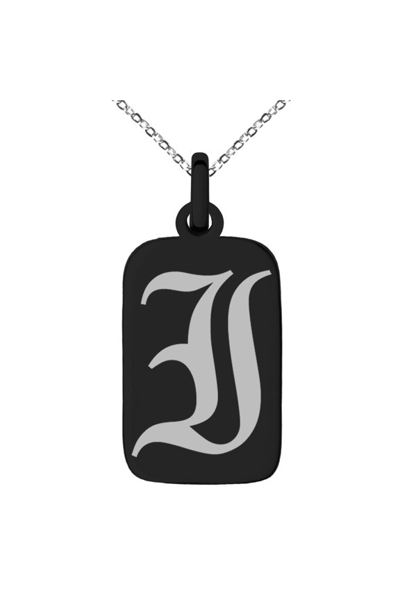 Stainless Steel Letter I Initial Old English Monogram Engraved Small Rectangle Dog Tag Charm Pendant Necklace
